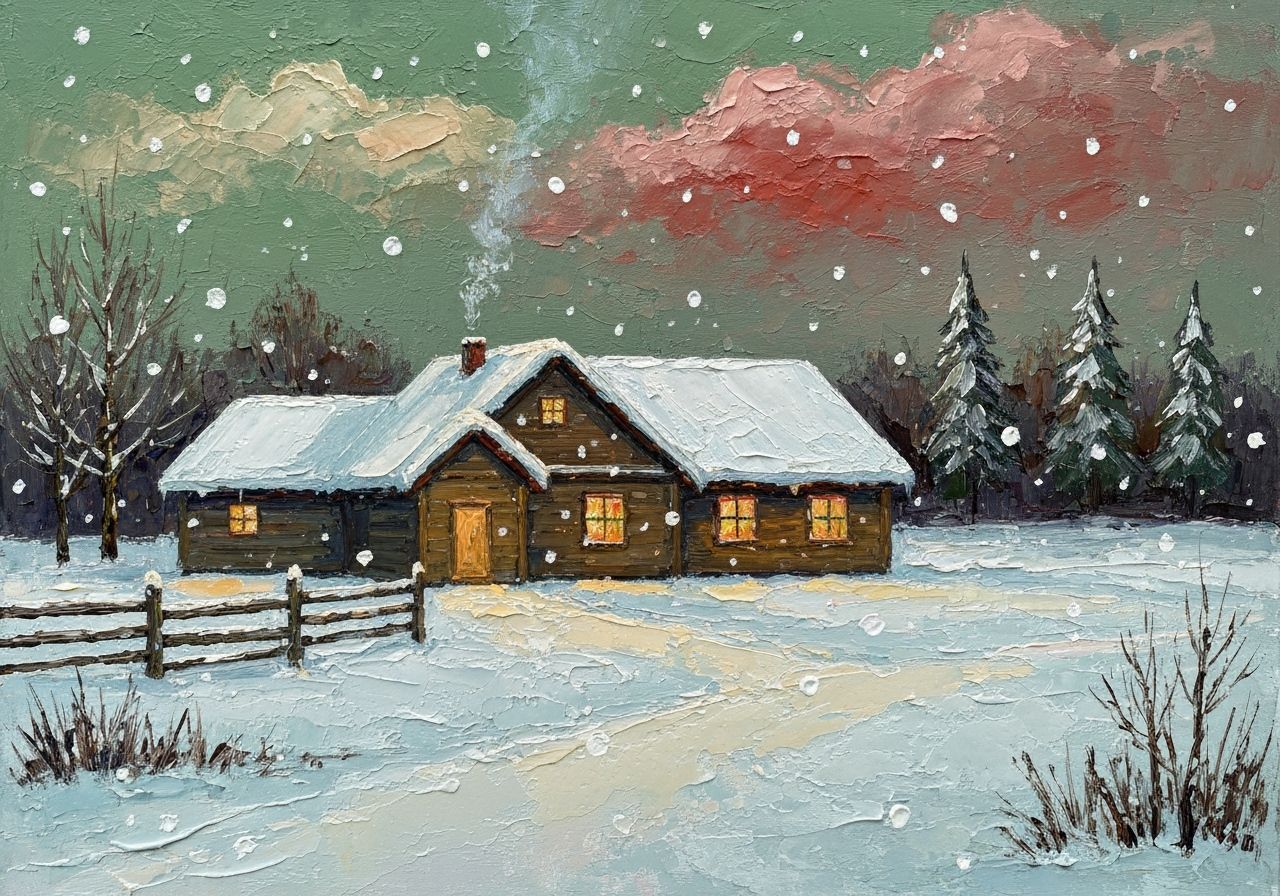 Cozy Cabin in Muted Winter Landscape