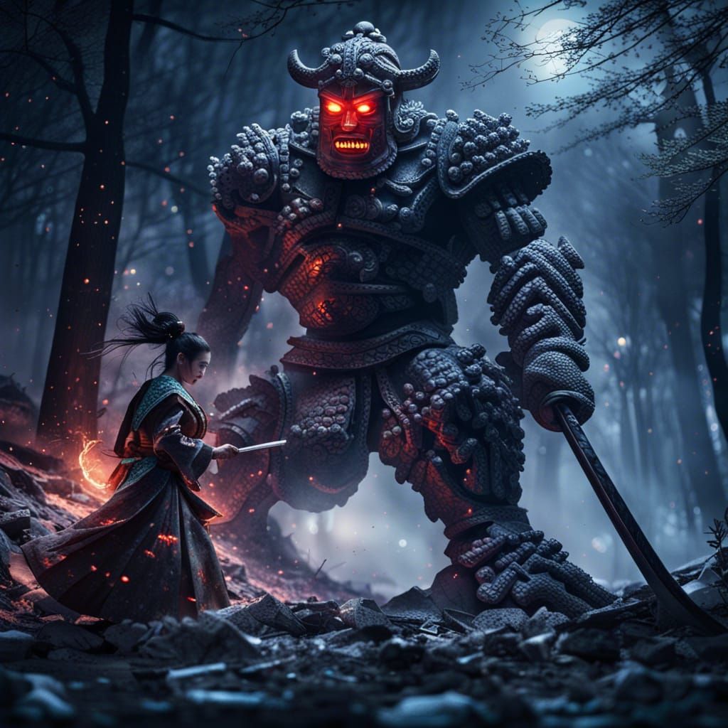 Epic Battle: Stone Golem vs Geisha in Burning Forest