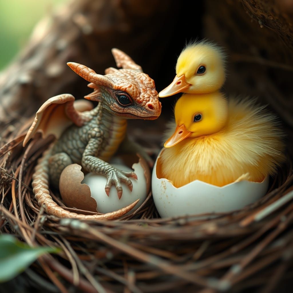 Dragon and Duck Hatching in a Nest