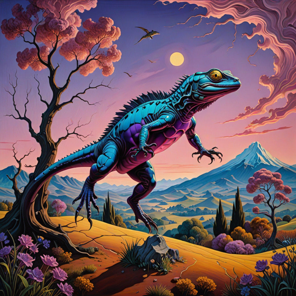 Surreal Lizard Leaps in Vibrant, Dreamlike Landscape