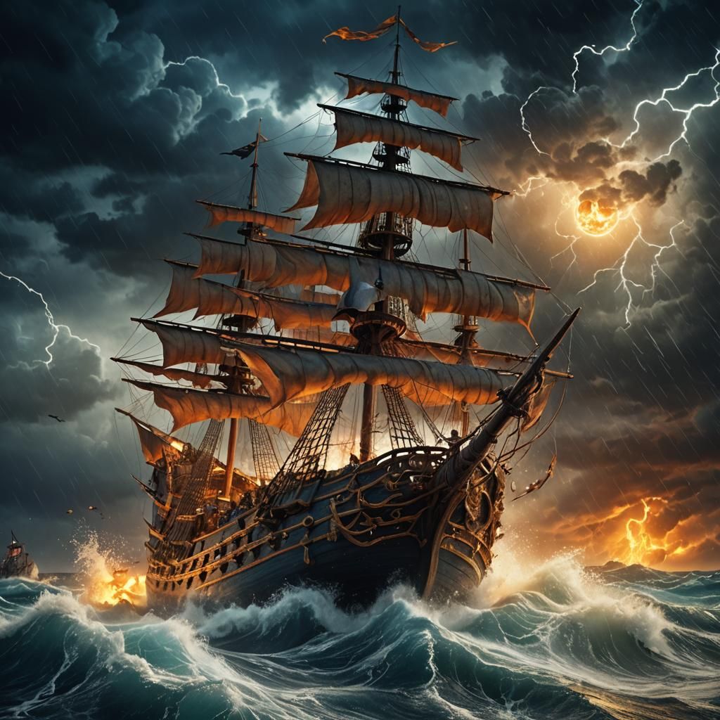 Pirate Ship Amidst a Turbulent Sea Storm