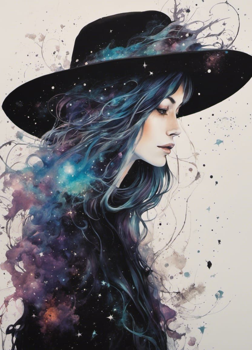 Cosmic Witch in Starlit Expanse: Digital Art