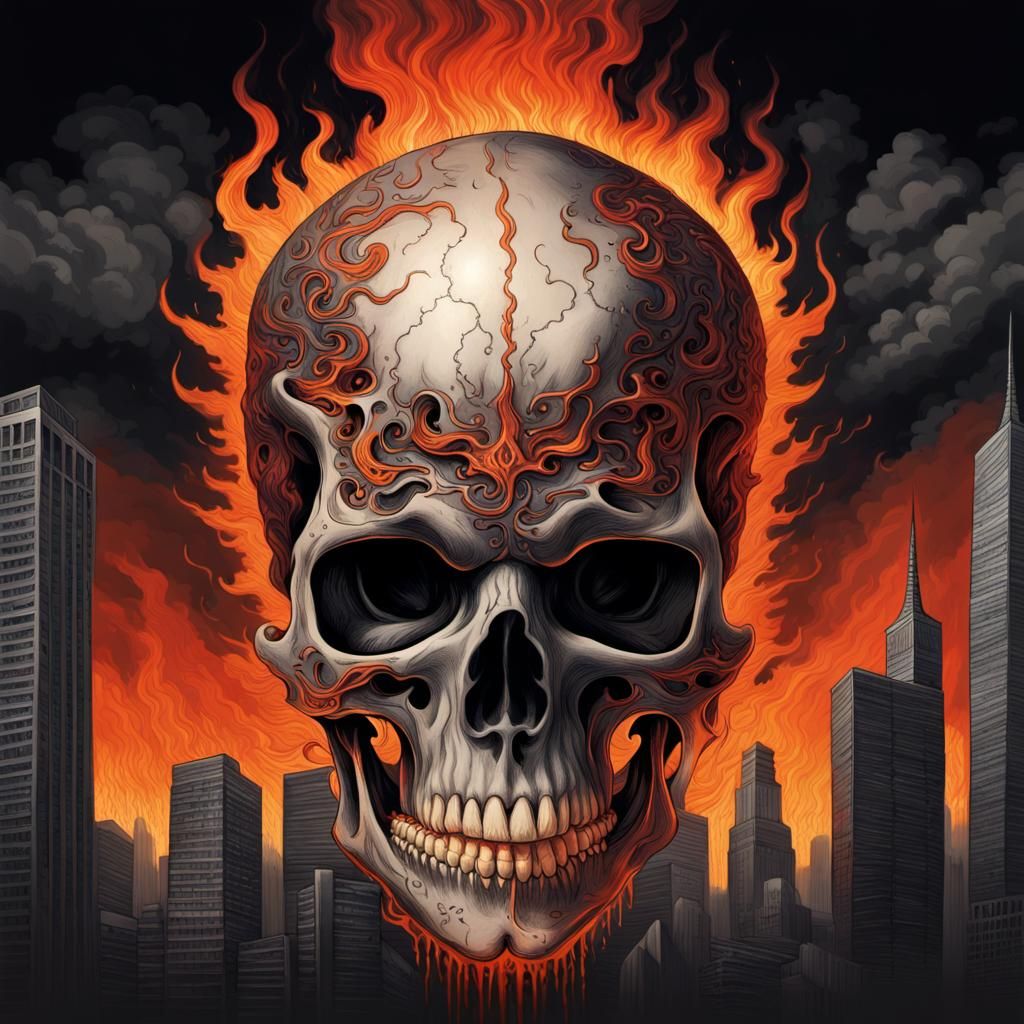 Fiery Cityscape Erupts from Eerie Skull