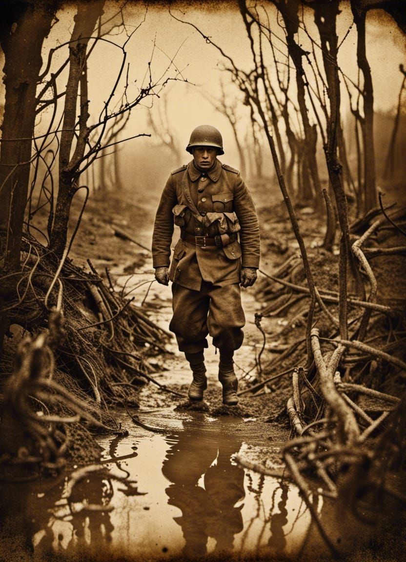 Eerie Ghost of Verdun Soldier: Vintage Sepia Photo