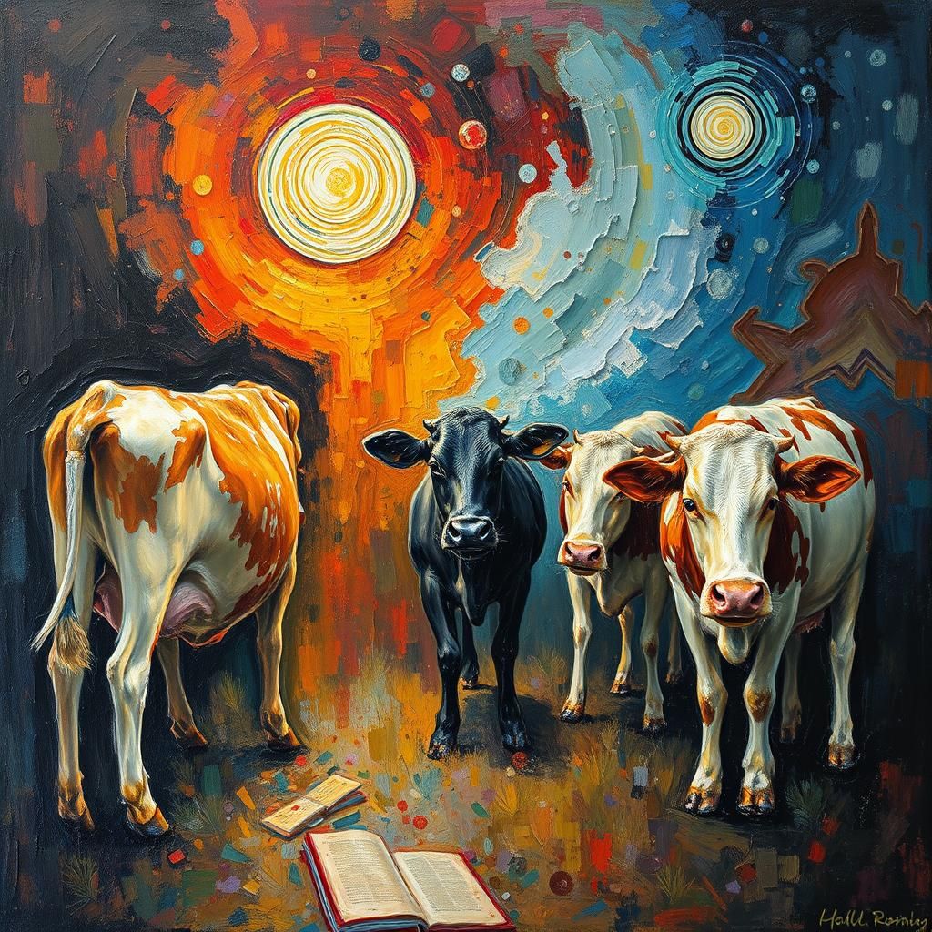 Surreal Scene with Cows and Saturn in Expressionist Style