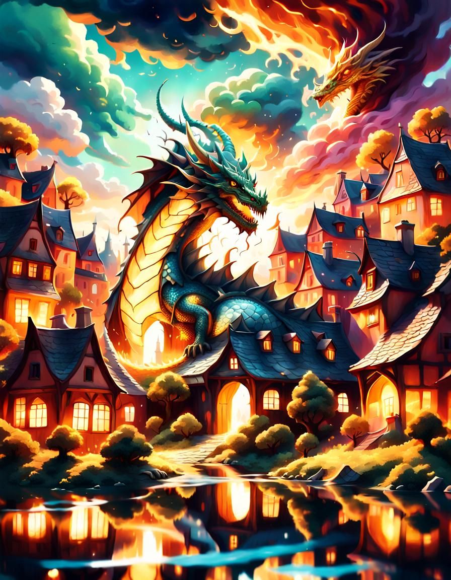Dragon Levels Village in Surreal Fantasy Artwork