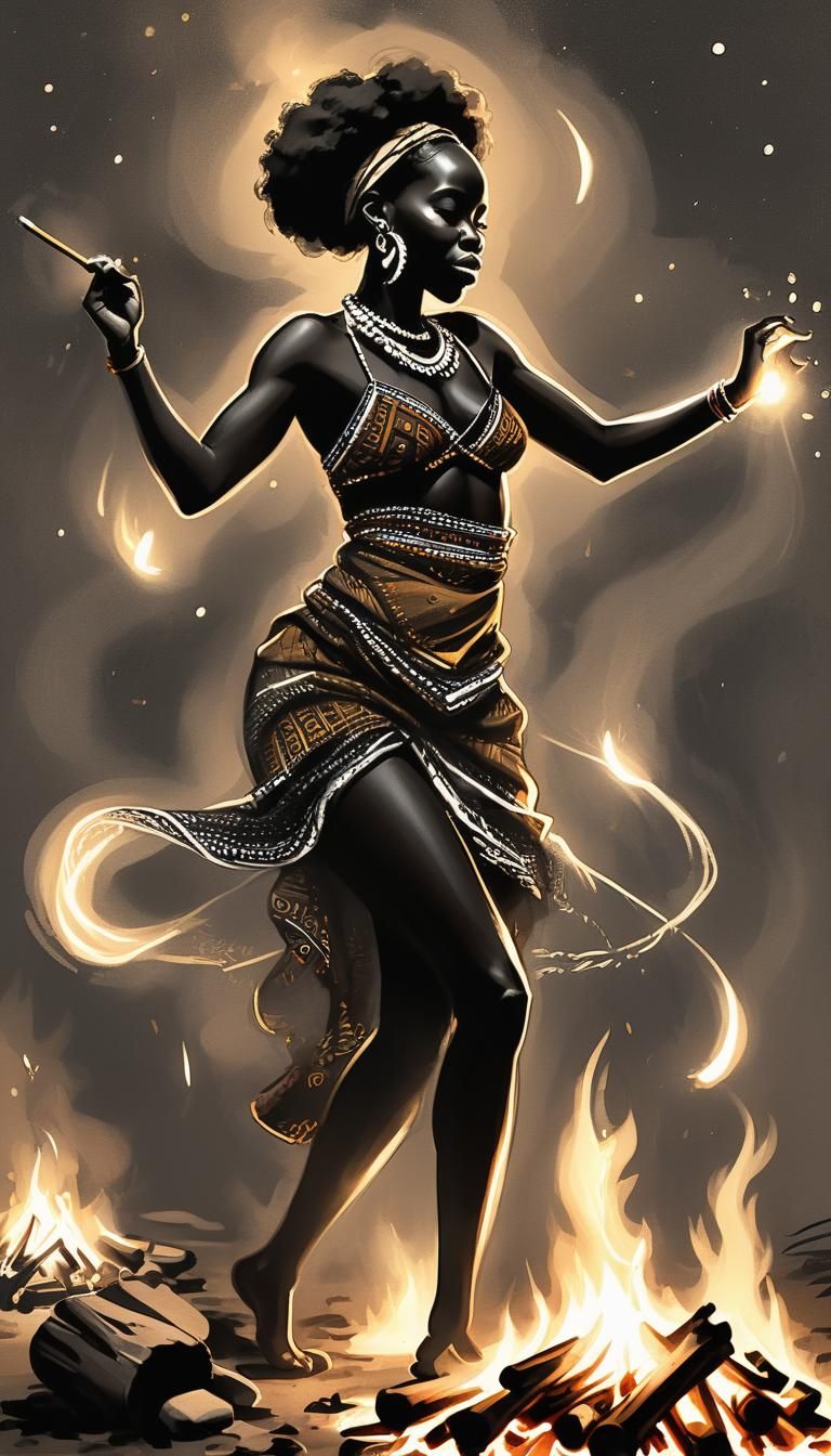 African Dancer by Campfire, Pencil Sketch