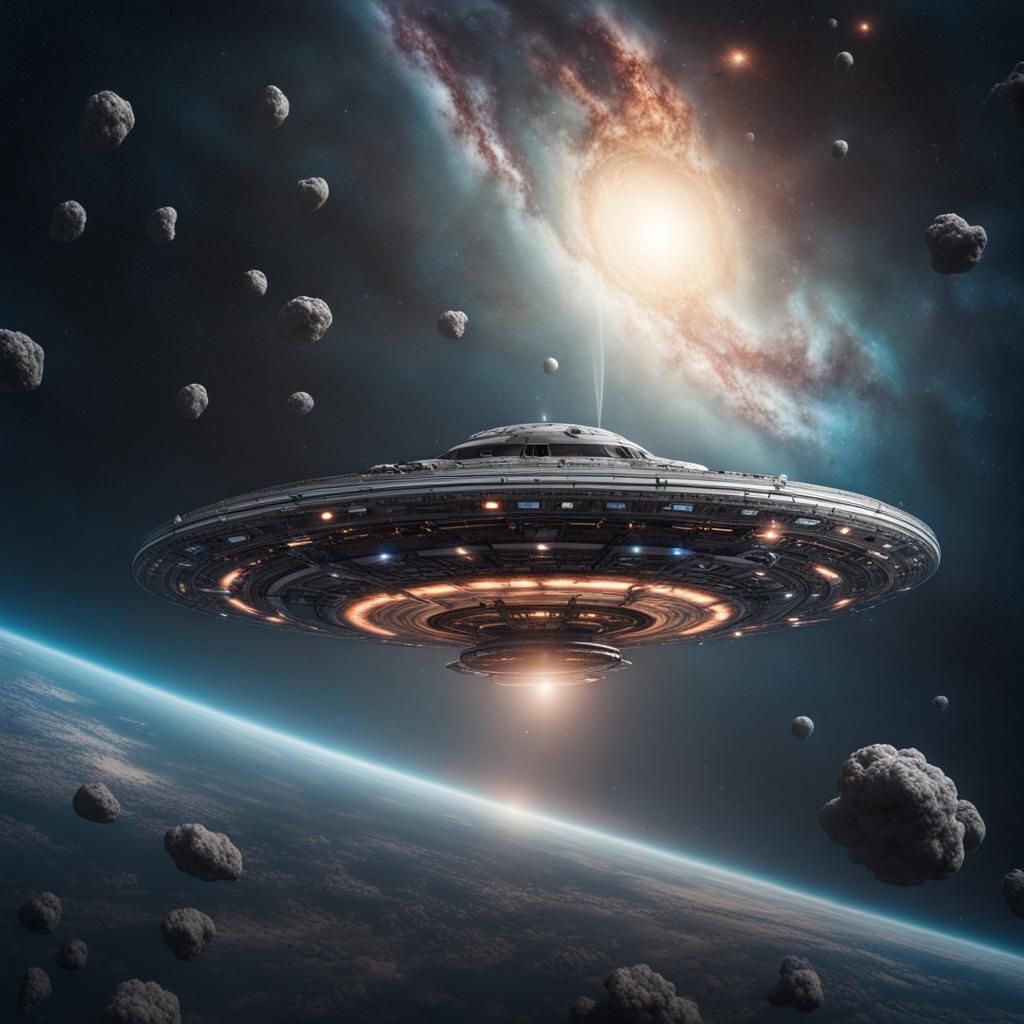 Spaceship Exiting Galaxy: Hyperrealistic Cinematic Image