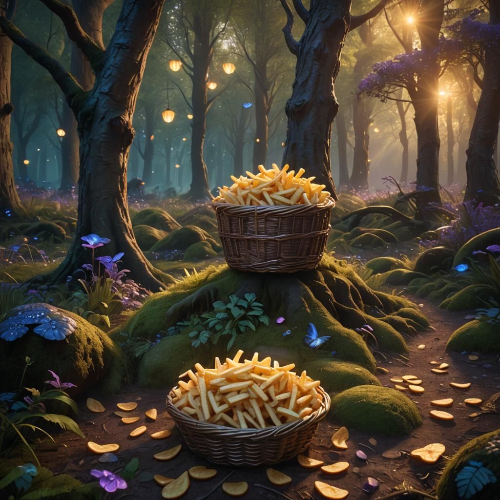 Golden Fries in Mystical Forest: Fantasy Concept Art