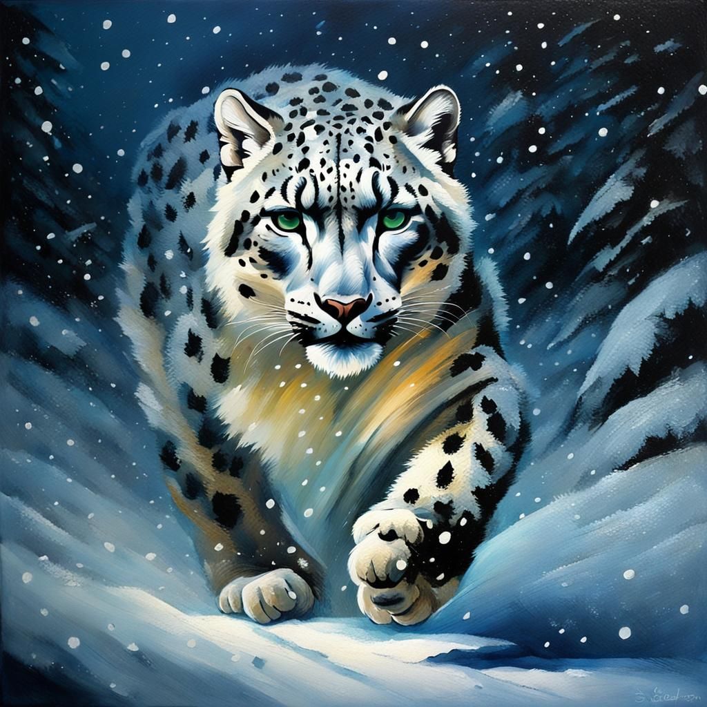 Snow Leopard Running at Night in Symbolic Style