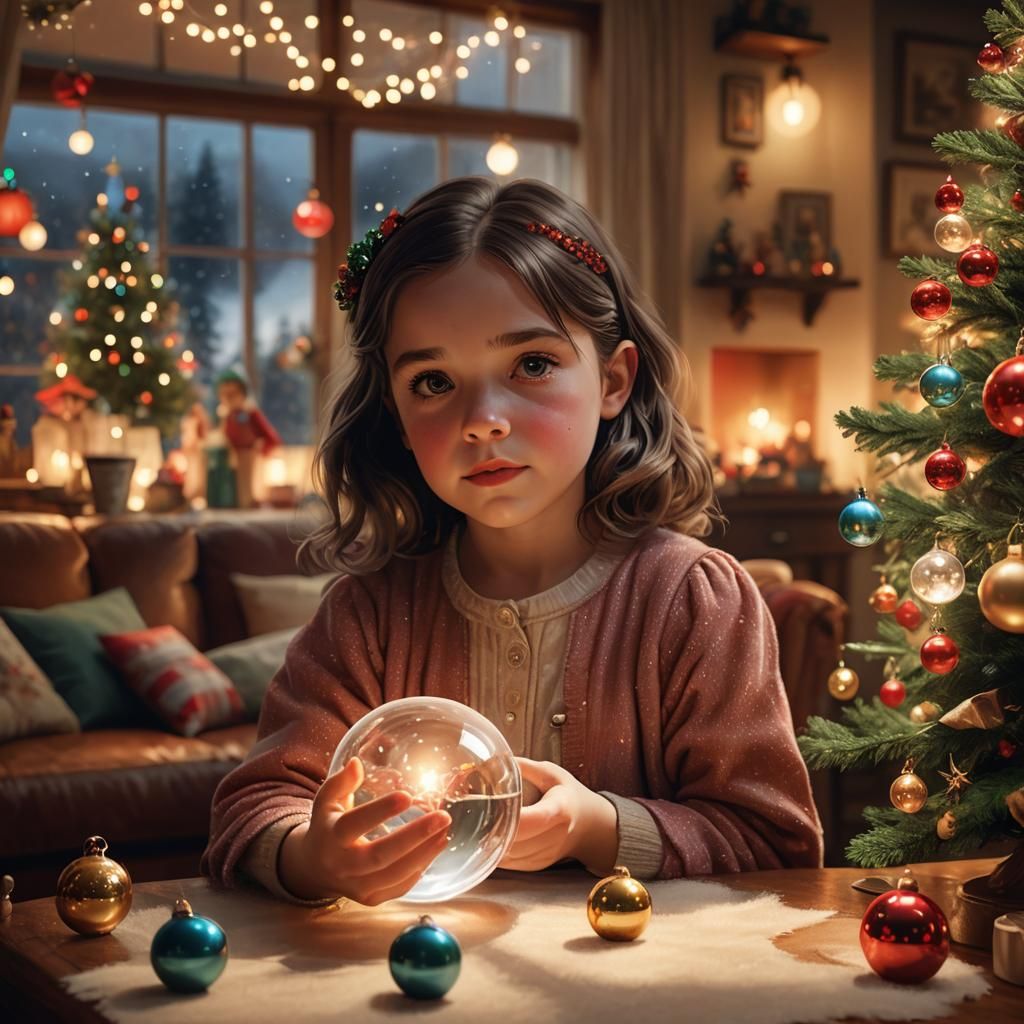 Girl Holding Christmas Snow Globe in Cozy Room