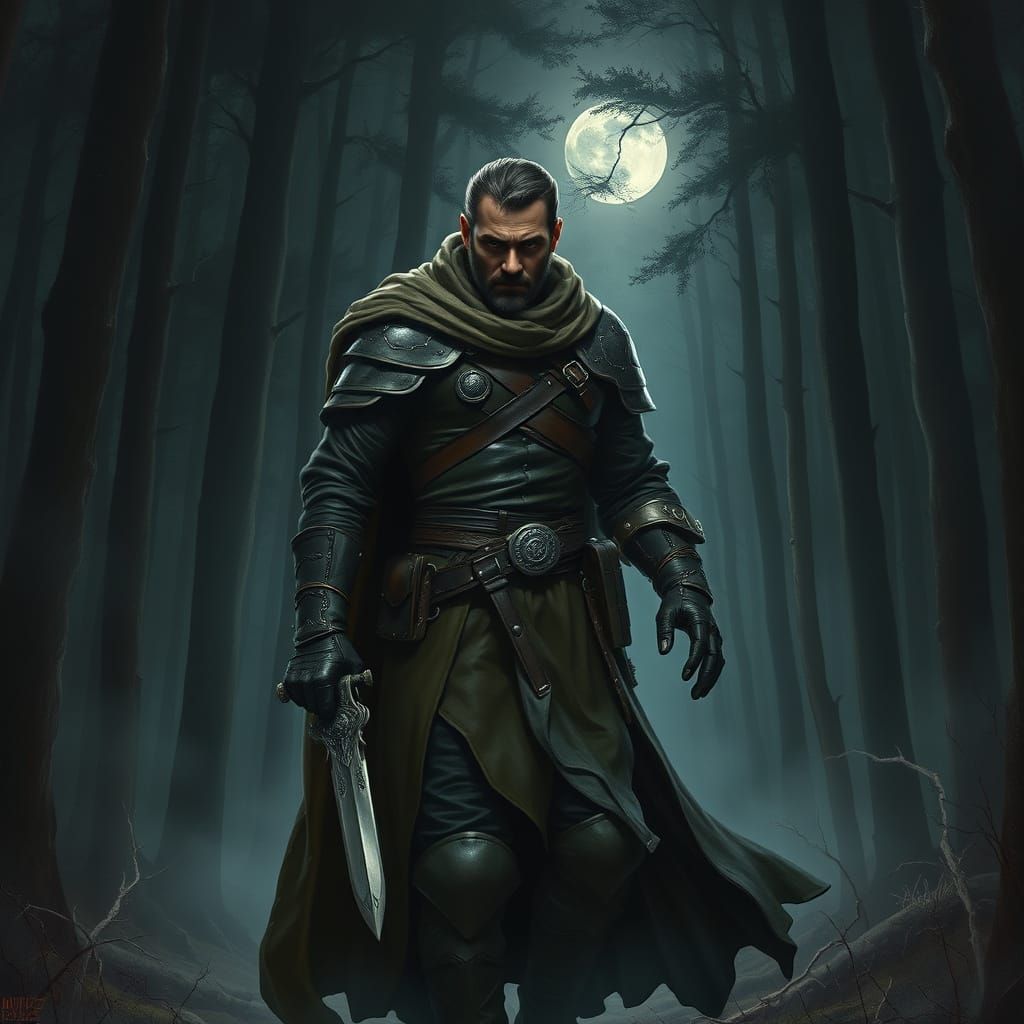 Stoic Warrior Walks Dark Mystic Forest
