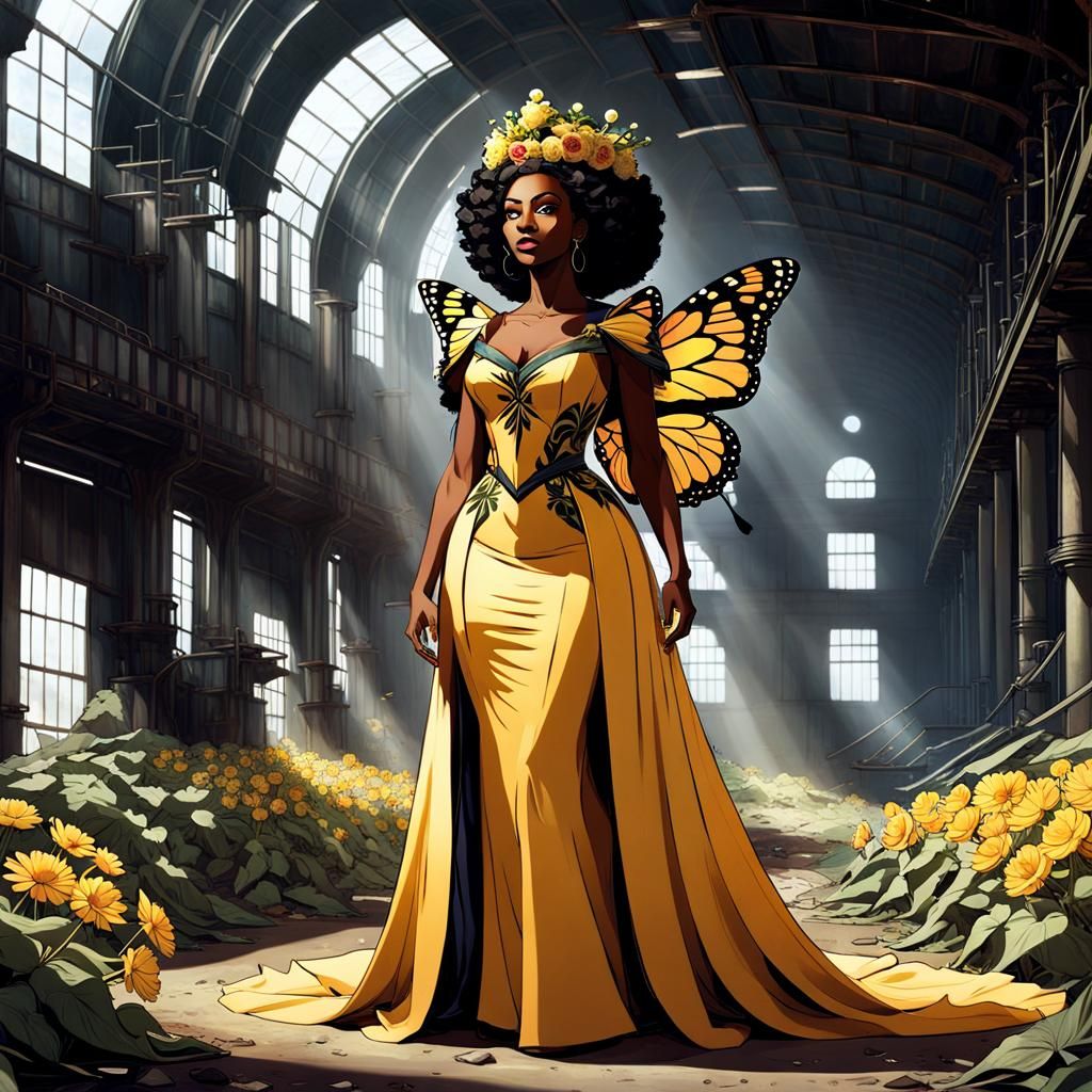 Regal Woman with Butterfly Wings in Floral Gown