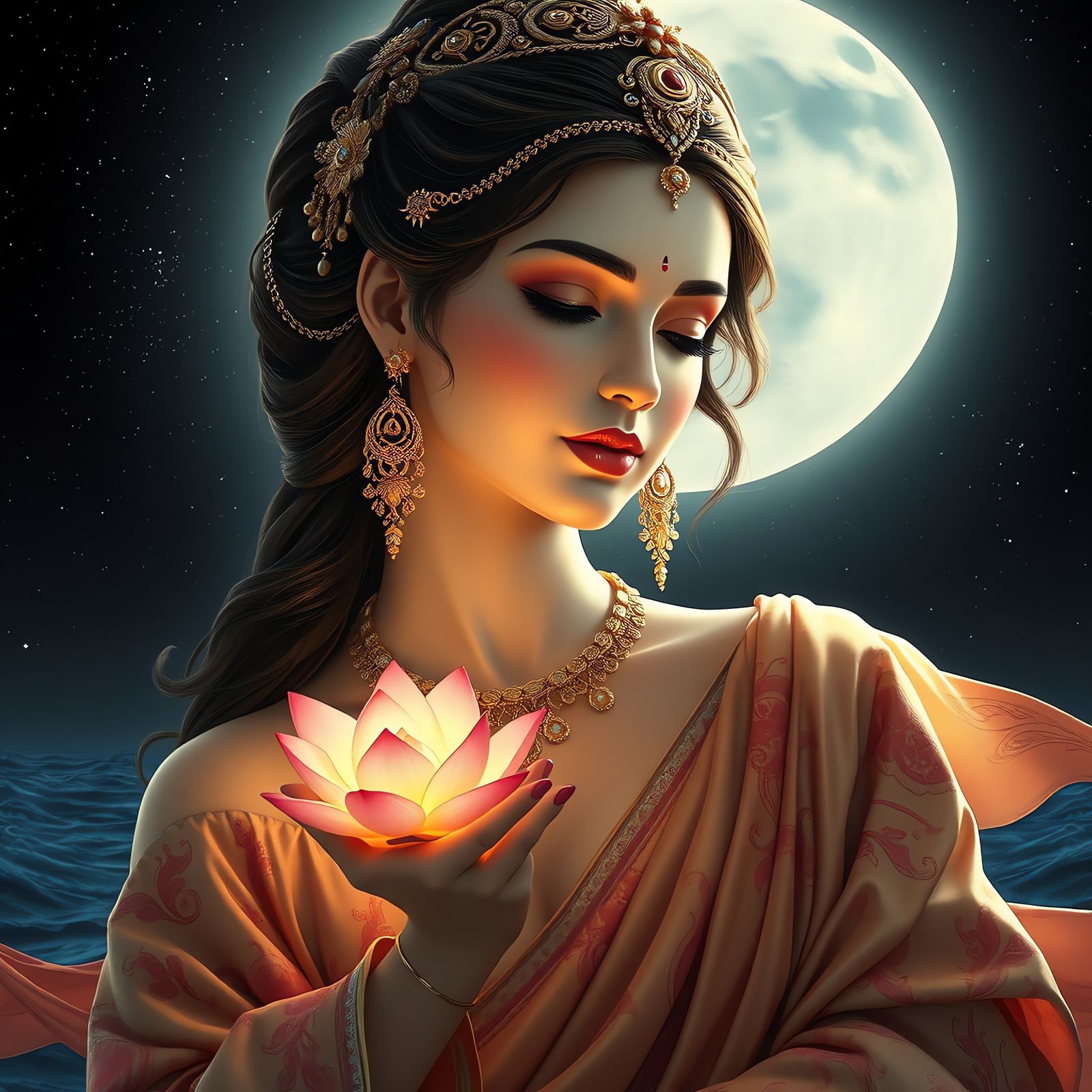 Celestial Maiden Offering Lotus Flower, Digital Art