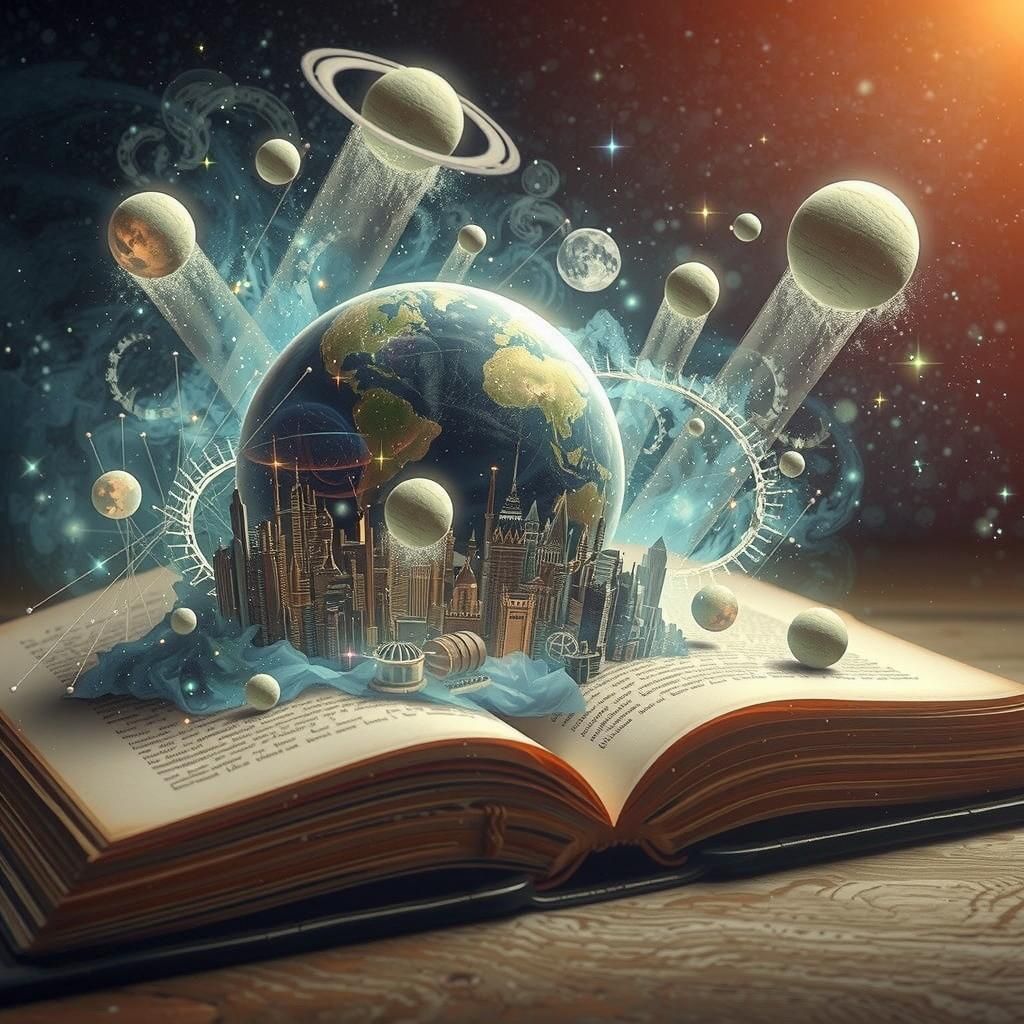 Miniature sci-fi world coming out of an open book, moons and stars, light particles flying around, detailed_fantasy_back...