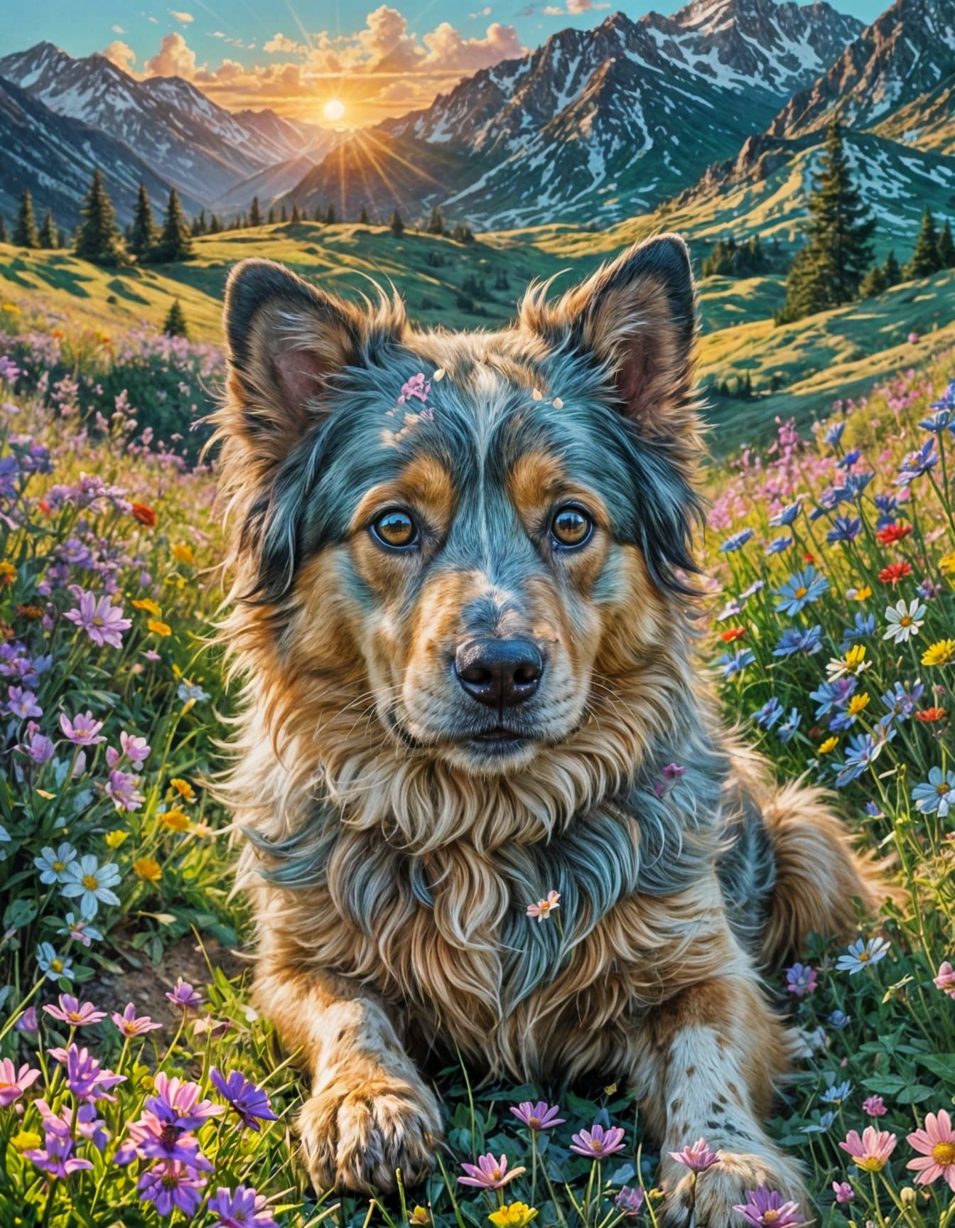 Dog in Wildflower Meadow: Psychedelic Watercolor Landscape
