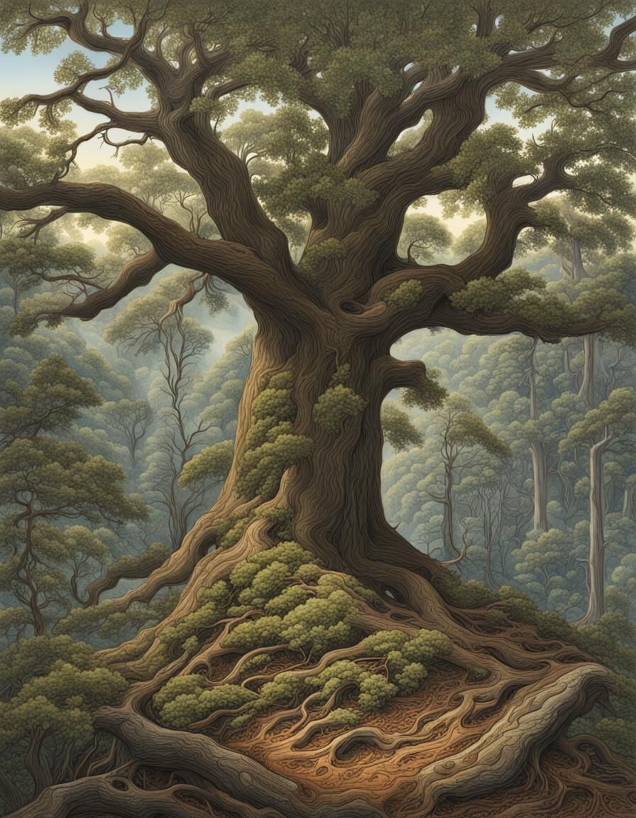 Blue Ridge Old-Growth Panoramic Painting in Engraving Style