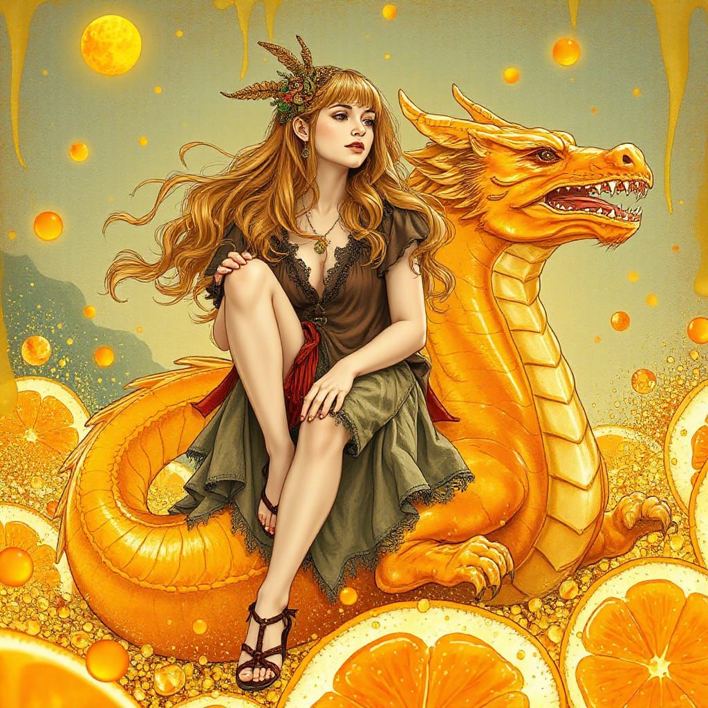 Woman on Gummy Dragon in Effervescent Soda Sea