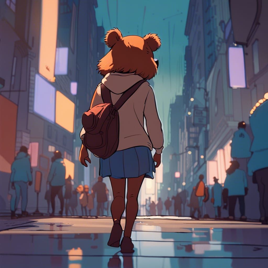 Girl in Teddy Bear Head in Lively City