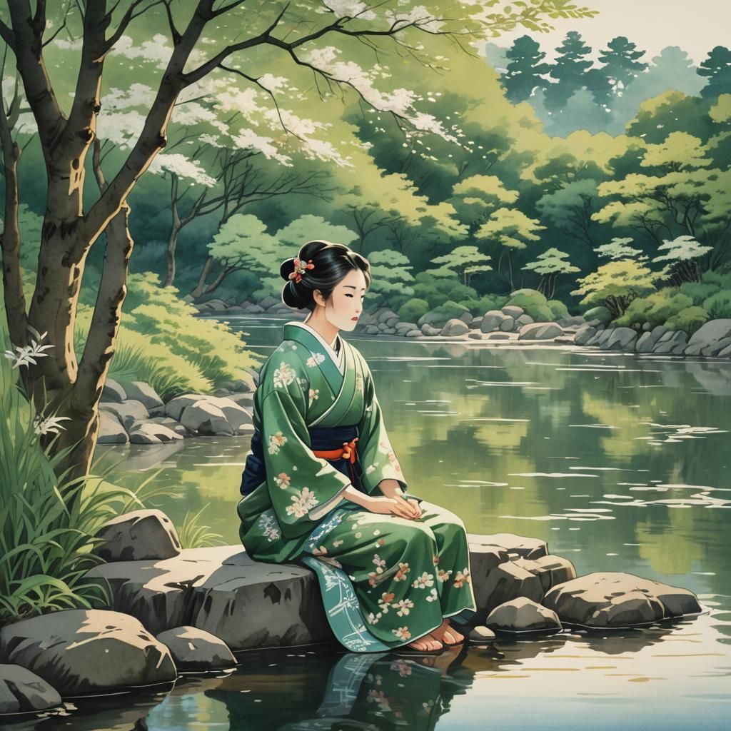 Woman by River in Ukiyo-e Japanese Print Style