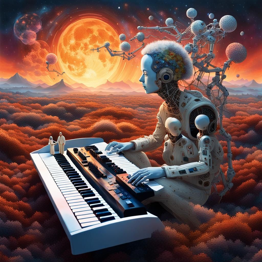 Surreal Galaxy Poem with Robotic Keyboard, Oil Painting