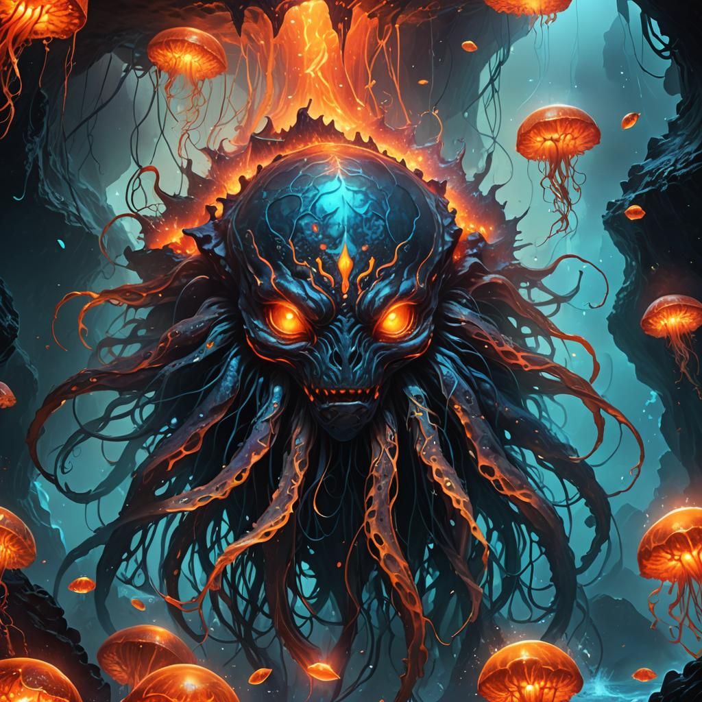 Lava and Water Creature in Bioluminescent Cave