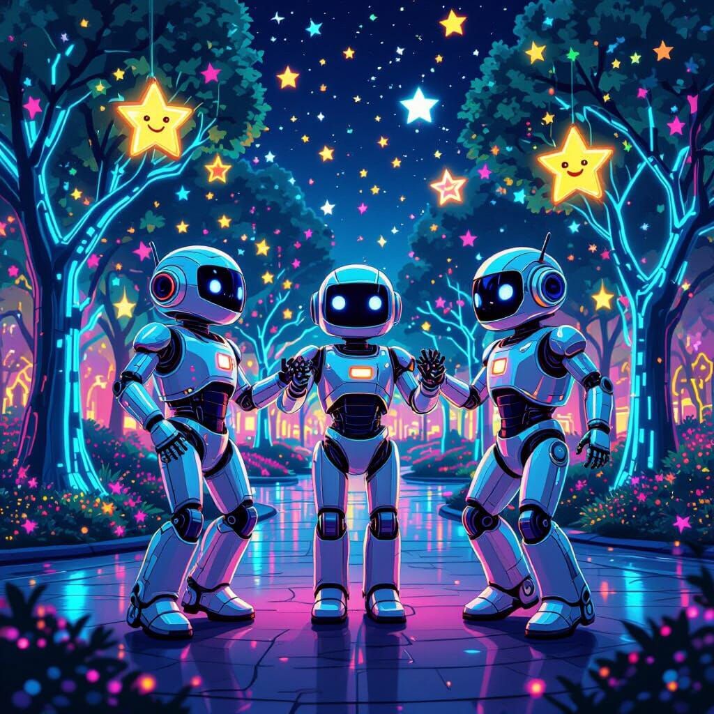 Robots Dance in Futuristic Park with Electronic Trees