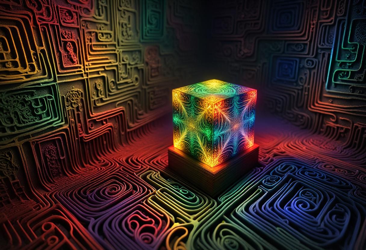 Polychromatic Cube Inverting Reality in Surreal Digital Art