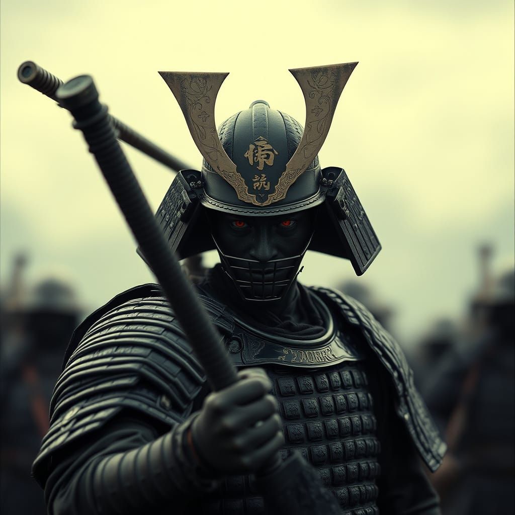 Cyberpunk Samurai Warrior with Obsidian Skin and Red Eyes