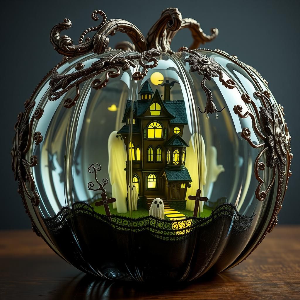 Haunted House Crystal Pumpkin: Detailed Filigree Art