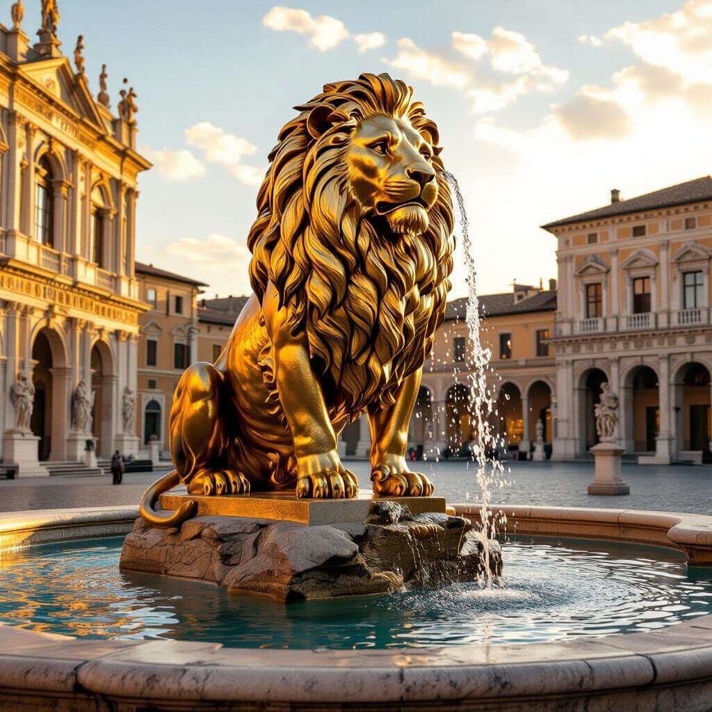 A majestic lion-shaped fountain stands proudly in the center of an ancient Roman plaza.