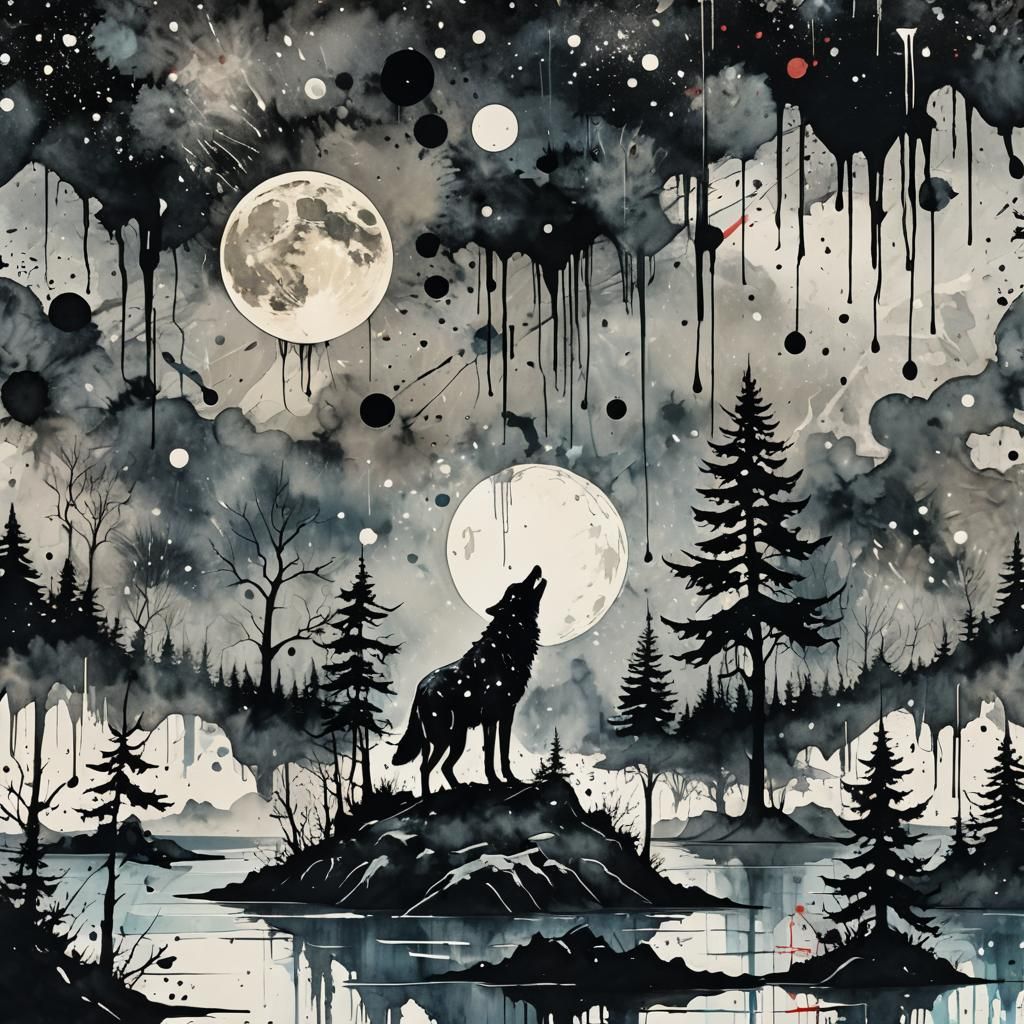 Lone Wolf Howling in Surreal Ink Splatter Style
