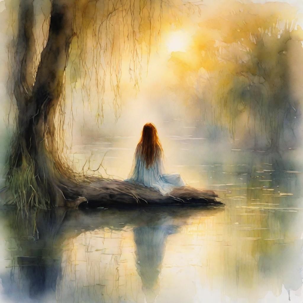 Rusalka, water spirit, misty sunrise, watercolor ink