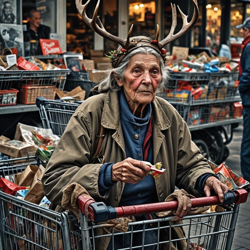 Hyperrealistic Antlered Woman with Art-Filled Cart