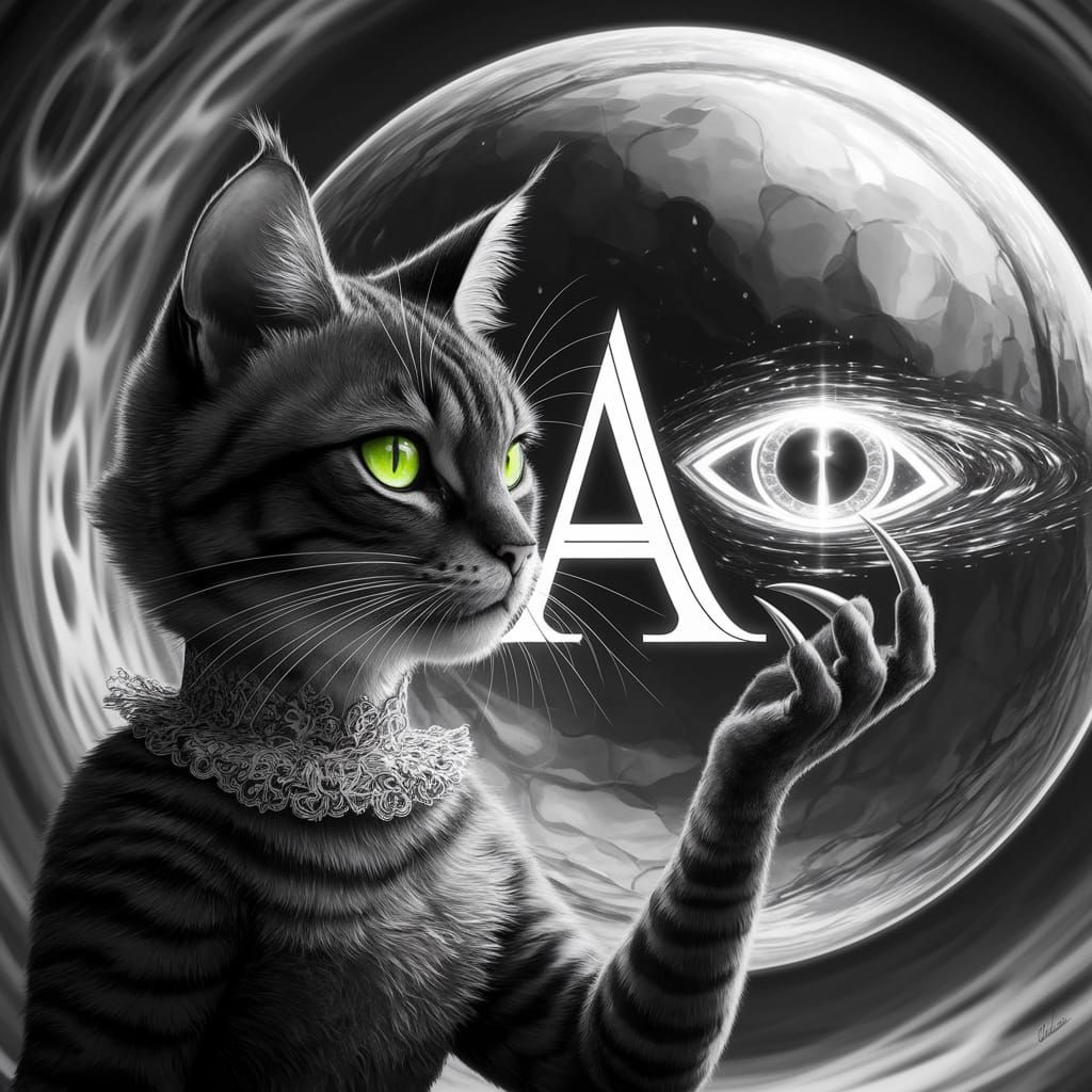 Whimsical Black and White Cat Pencil Sketch in Escher Style