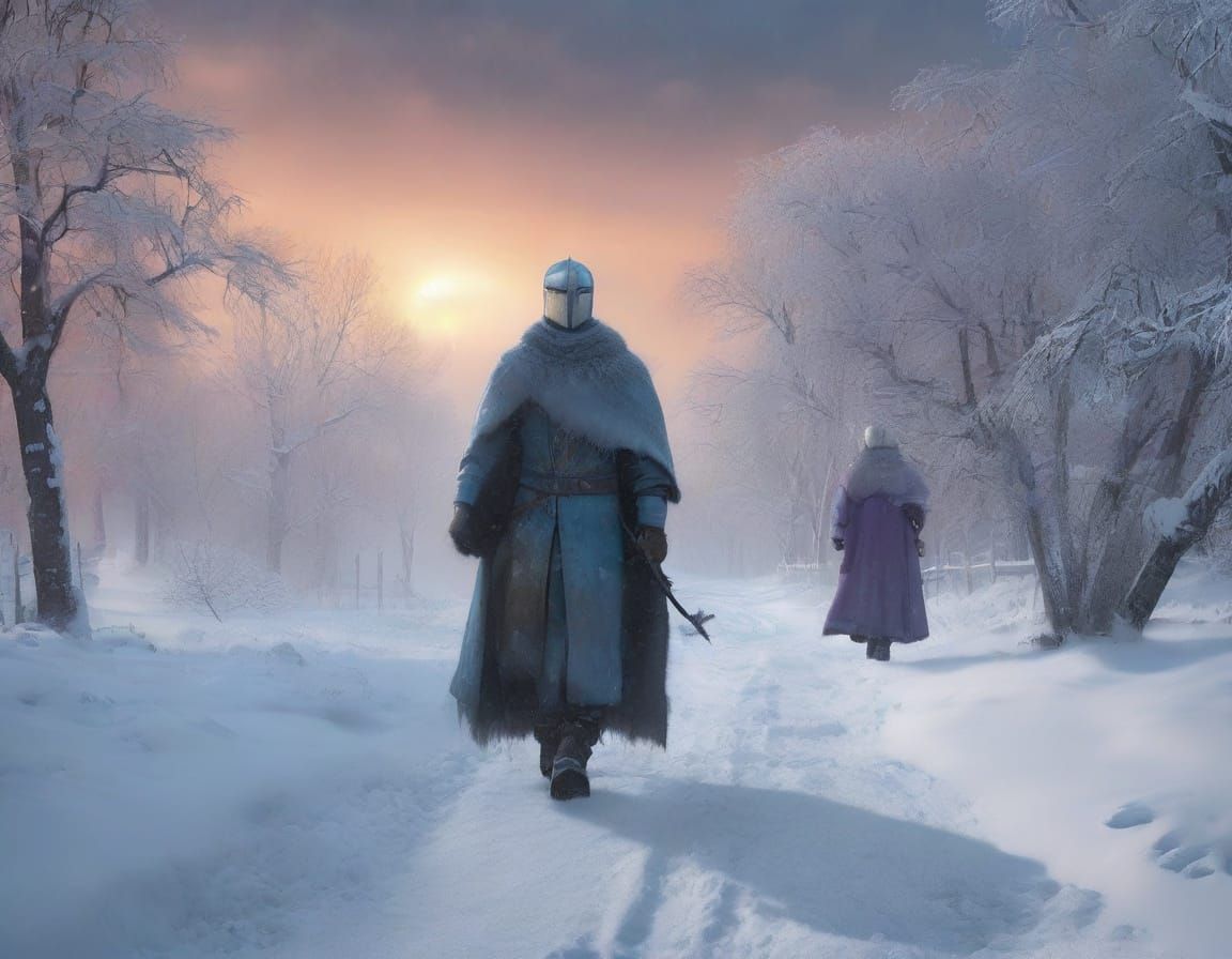 Vibrant Winter Kingdom: Fierce Knight and Ice Queen in Snows...