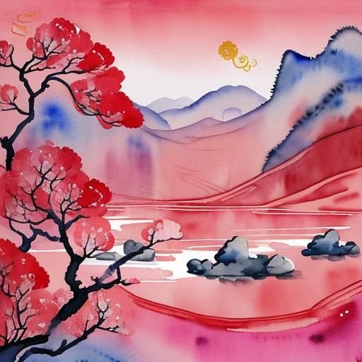 Lunar New Year Chinese Landscape in Watercolor Style