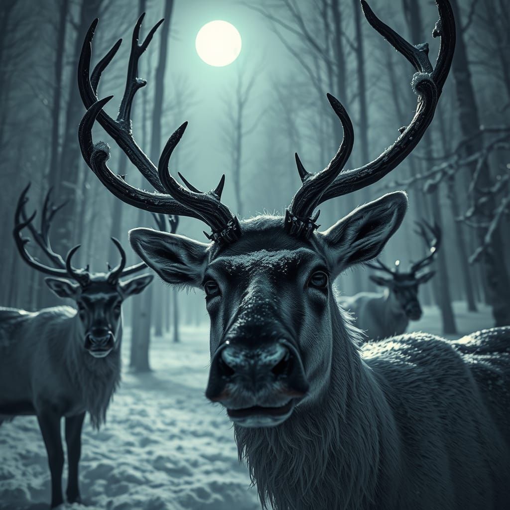 Pencil sketch. A reindeer backlit by the moon , with intrica...