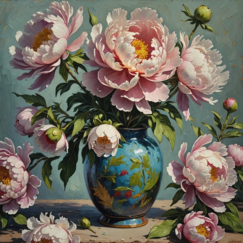 Peony Still Life as Impasto Oil Painting