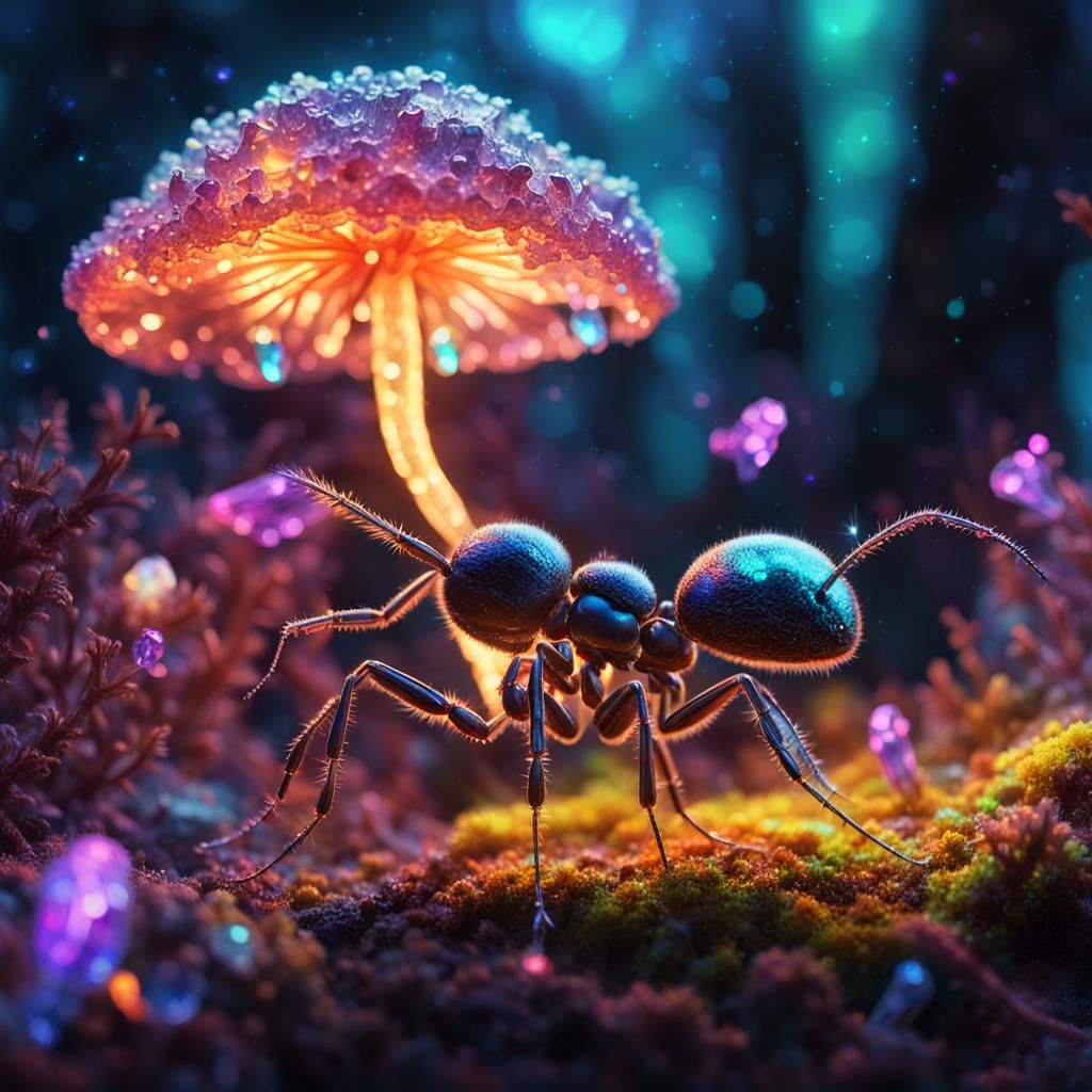 Crystalline Ant on Glowing Mushroom, Surreal Illustration
