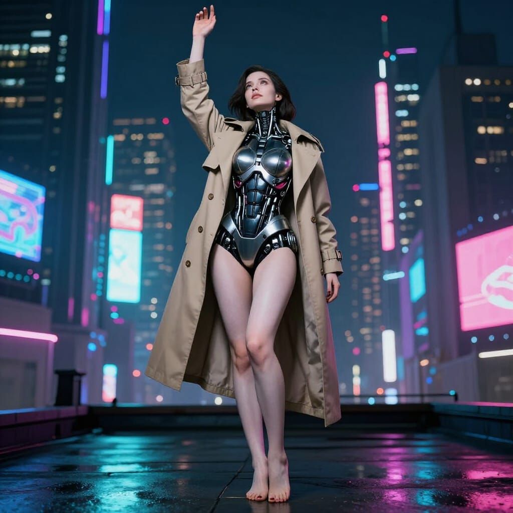 Cyberpunk Woman Reaching for Neon Sky