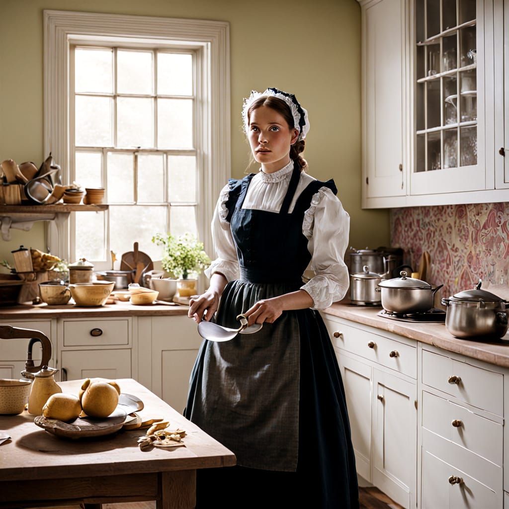 A Victorian Kitchen Scene with a Maid at Work