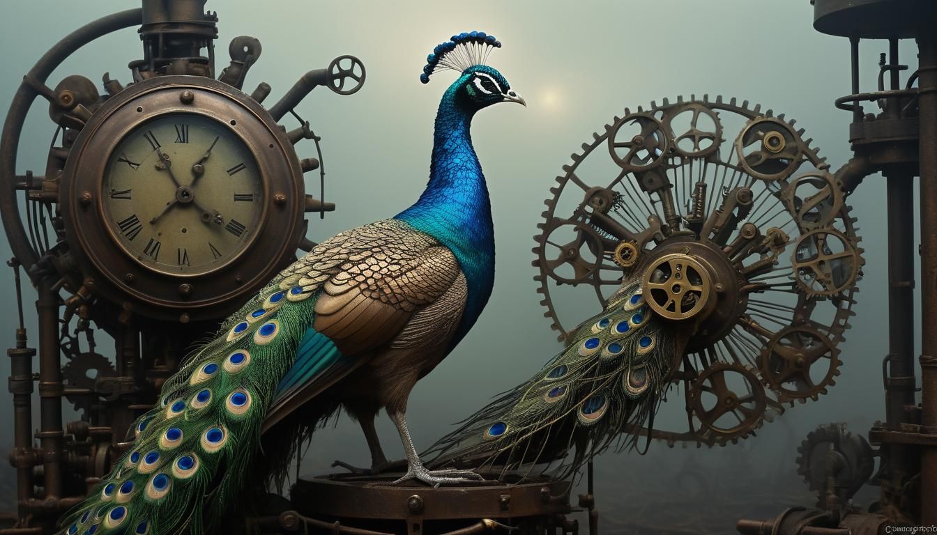Steampunk Peacock in Dramatic Chiaroscuro Lighting