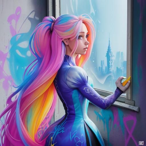 Rapunzel Graffiti Art Looking Out Window