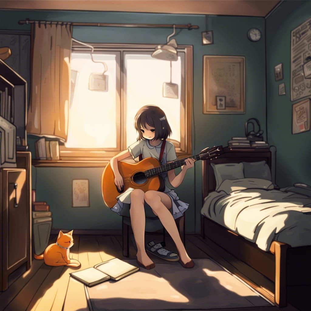 Girl Playing Guitar with Cat in Anime Style