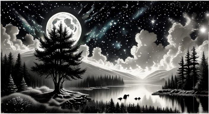 Ethereal Black and White Landscape with Cabin, Deer, and Eag...