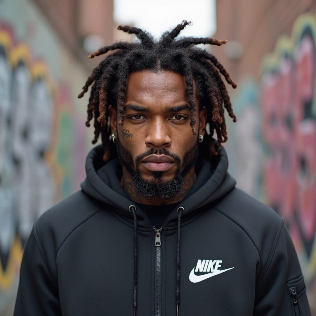 Black Man with Dreads in Urban Setting, Nike Tech