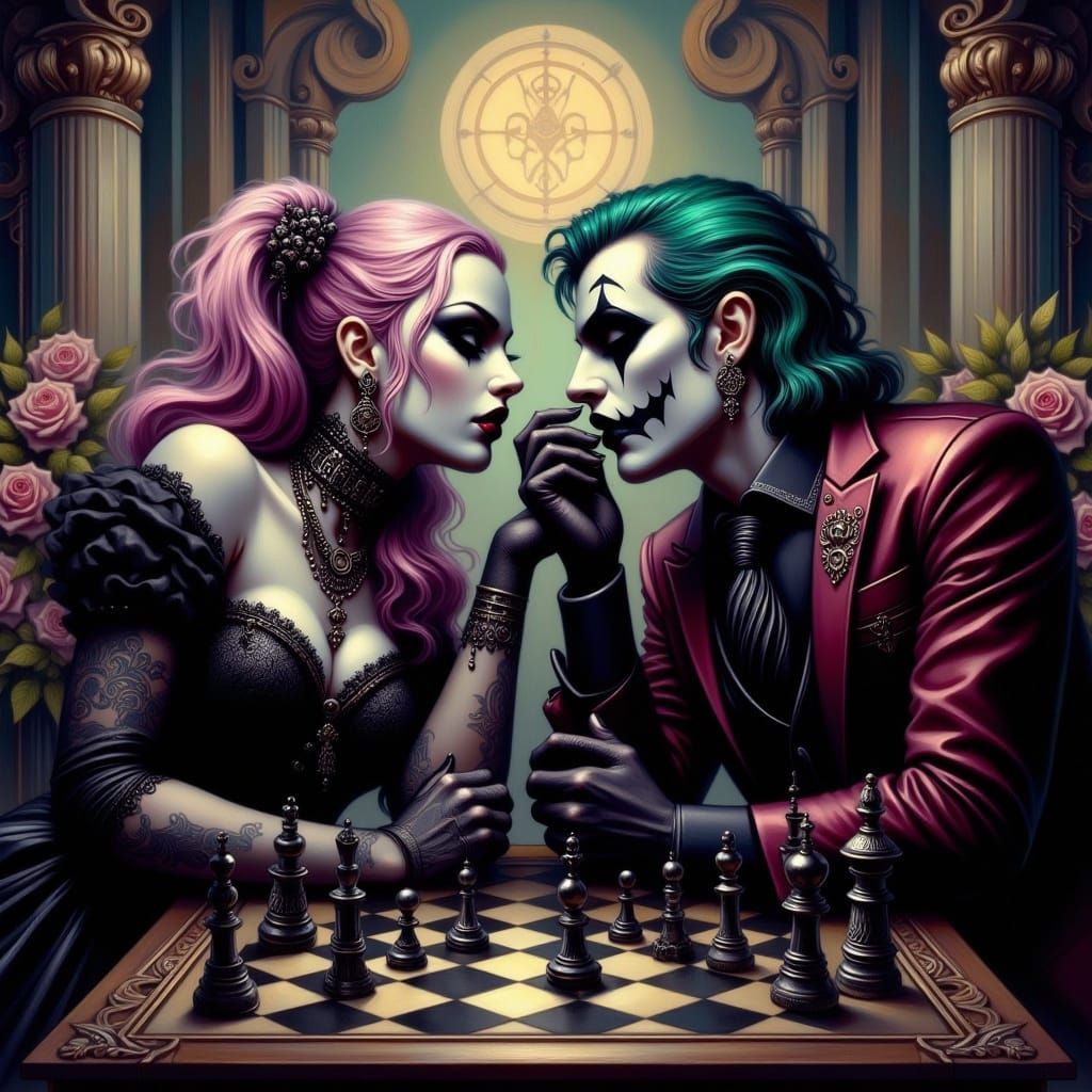 Harley Quinn and Joker Chess Match in Goth Style