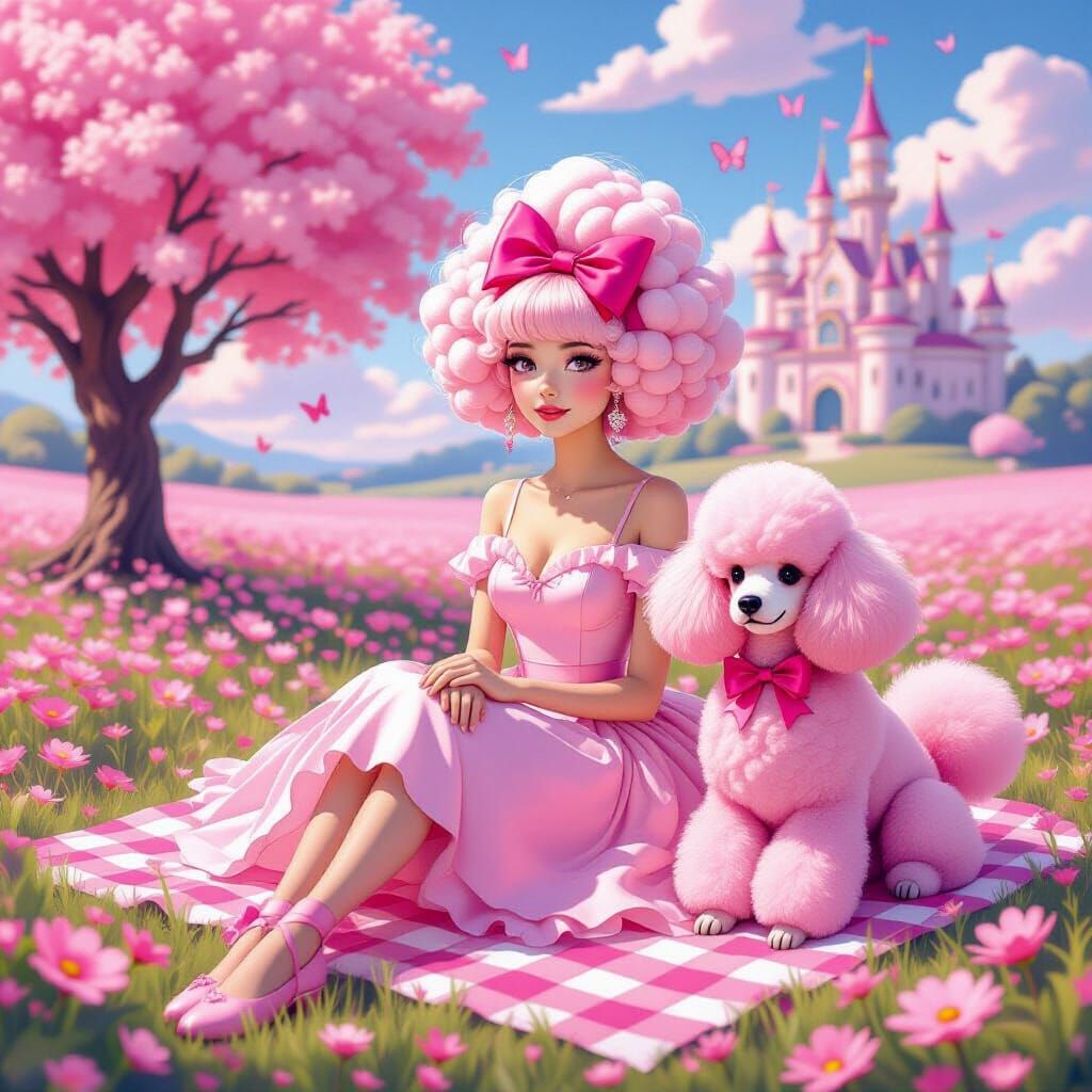 Pink Pop Art Girl with Poodle in Dreamy Landscape