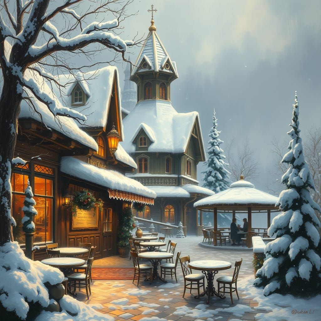 Majestic Snow Cafe in Classic Oil Painting Style